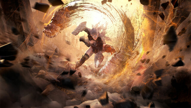 An enraged girl martial artist summons magic hands fists and resolutely smashes the floor in the sinister Gothic ruins causing an earthquake and destroying everything around. 2d art