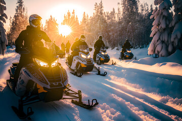 Early morning group snowmobile tour through the forest, Generative AI - obrazy, fototapety, plakaty
