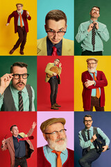 Collage. Stylish men, employees, workers, business people in suit posing over multicolored background