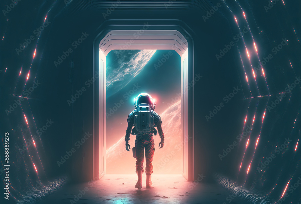 Sticker an astronaut space explorer walking through a tunnel towards outer space. generative ai