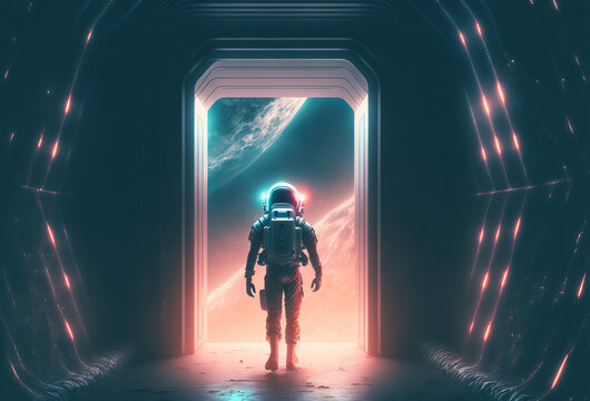 An astronaut space explorer walking through a tunnel towards outer space. Generative ai
