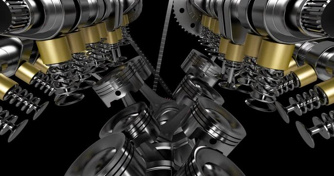 Powerful V8 engine accurately working. Injectors and pistons in motion. Luma matte is available for compositing projects.