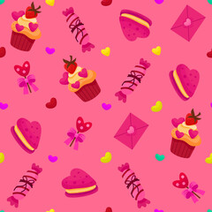 Vector romantic seamless pattern with hearts, berries, sweets and love letters on a pink background. Ideal for wrapping paper, decor, textiles.