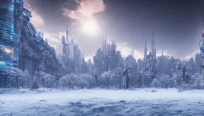 futuristic city scene covered in snow and ice