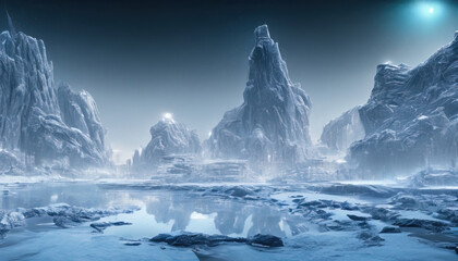 Fototapeta na wymiar futuristic city scene covered in snow and ice