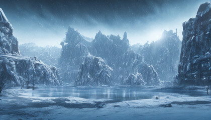 futuristic city scene covered in snow and ice