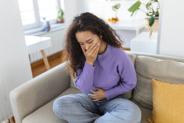 Closeup portrait of Asian unhappy, annoyed, sick woman about to chuck, throw up, puke retch barf....