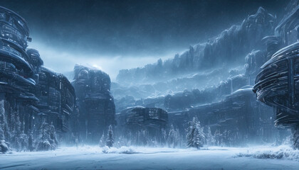 futuristic city scene covered in snow and ice