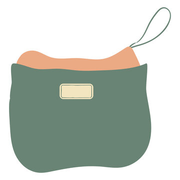 Flat vector illustration with hand drawn green cosmetic bag. Isolated object with travel bag or toilet bag