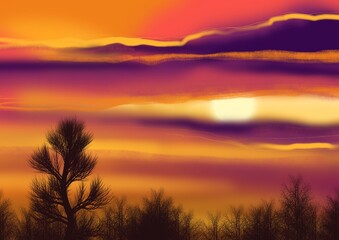 Obraz premium forest on the background of an orange sunset and clouds