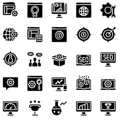 vector illustration, SEO icon set, marketing icon pack, commerce icon set, solid icon