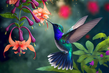 Hummingbird flying to pick up nectar from a beautiful flower. Digital artwork	
 - obrazy, fototapety, plakaty
