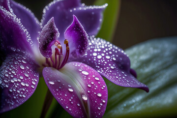 Gorgeous violet orchid flower with morning dew drops. Close up. Digital art	
