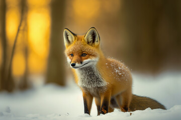 Cute Red Fox cub in winter forest. Making eye contact. Snowy landscape. Digital art	
