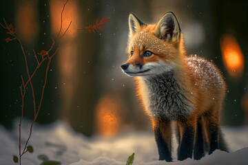 Cute Red Fox cub in winter forest. Making eye contact. Snowy landscape. Digital art	
