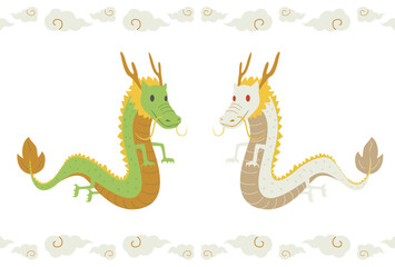 Fototapeta premium キュートな白竜と龍と雲のラインのセットイラスト