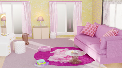girl's room with couch and dresser as rose pink decoration. 