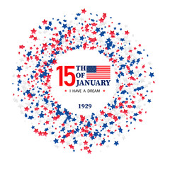 Happy Martin Luther King day. Congratulatory inscription on the background colors of the American Flag. No people. Closeup, top view