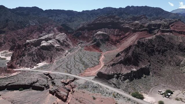 Quebrada de Cafayate Argentina Aerial Drone Above Mountain Range Rock Formations Layers of Stunning Colors, Sediments, Salta Route, Travel Destination South America