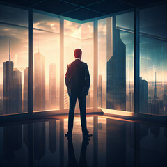 A businessman standing near a huge window in his bright office against the backdrop of skyscrapers.