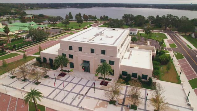 Aerial circle view of the charming and quaint city of Ocoee town hall in Central Florida.  Ocoee is a family oriented town with restaurants, breweries, bars, and shopping.
