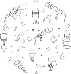 Hand drawn microphone icon set. Vector illustration, doodle style. Voice amplification devices. Singing at karaoke.
