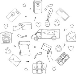 Hand drawn set of mail related icons. Vector illustration, doodle style. Sending and receiving mail.
