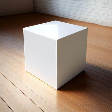 White Placeholder mock-up for a cube design on top of a wooden underground or floor. (AI Generated)