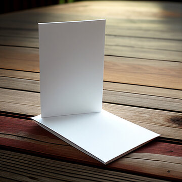 White Placeholder mock-up for business cards or other cards on top of a wooden underground or floor. (AI Generated)