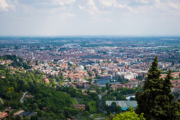 Aerial view over the city of Bergamo from San Vigilio mountain. Overlooking the city of Bergamo.