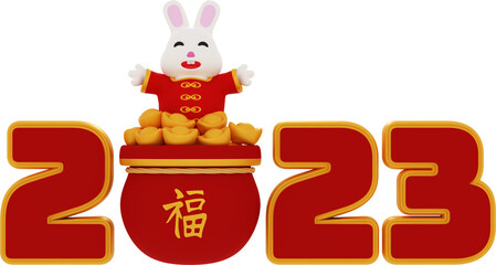 3D Render Chinese New Year 2023 With Happy Rabbit