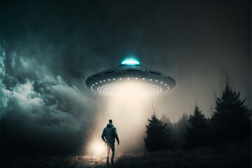UFO or UAP abducts a human at night. Generative AI.