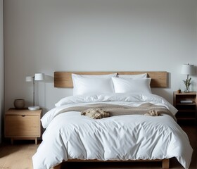 interior of modern bedroom with white and wooden furniture.