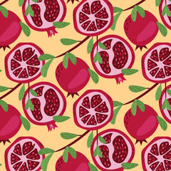 Pomegranate pattern. Whole and pieces of  garnet fruit with seeds flat vector
