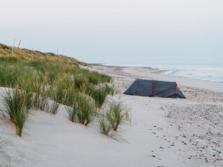 Namiot nad brzegiem Morza Bałtyckiego, letni świt,  bezludna plaża - 558894289