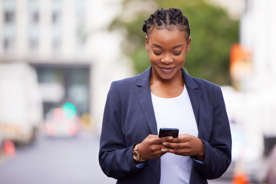 Black Woman, Phone And App Communication On Travel Commute With Online Networking And Social Media Check. Corporate Worker On Mobile Internet Break Reading News With Happy Smile In Urban Town.