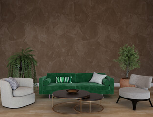 Modern living room with sofa, brown wall
