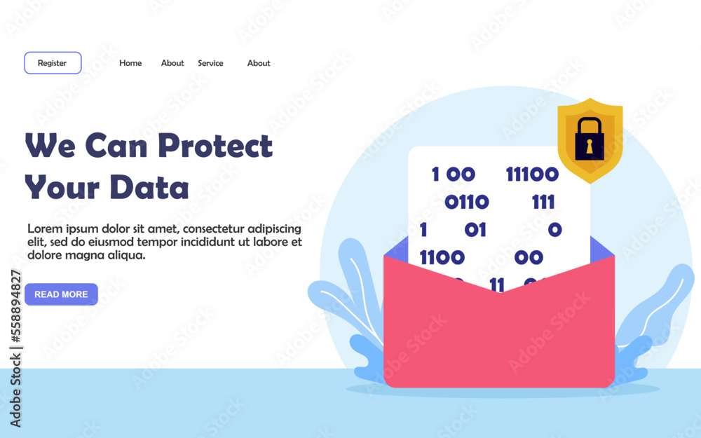 Poster we can protect your data concept in flat design, secure information. web site landing page layout or