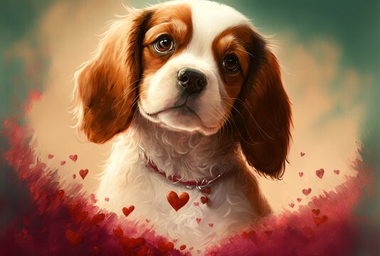 Sweet Puppy with Hearts around Him. Generative AI.