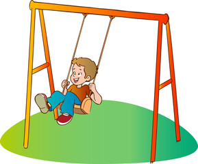 Happy smiling boy kid swinging on a swing