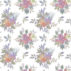 Template design for design, postcards, textiles, wallpapers. Seamless floral pattern with flowers and leaves, watercolor illustration.
