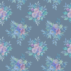 Template design for design, postcards, textiles, wallpapers. Seamless floral pattern with flowers and leaves, watercolor illustration.