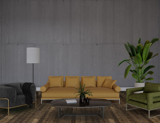 Modern living room with furniture front of the concrete wall