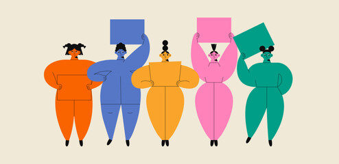 Group of people holding banners. Cartoon characters on protest, advertising, demonstration concept. Vector illustration
