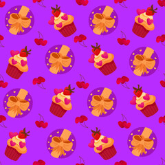 Vector romantic seamless pattern with hearts, berries, sweets and gift box on a purple background. Ideal for wrapping paper, decor, textiles.