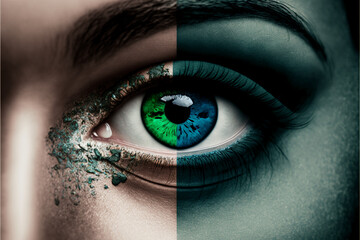 Naklejka premium Heterochromia, eyes of a different color. Woman with strange and beautiful eyes. Generative AI.
