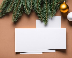background with copy space and fir branches, cones and gift boxes on white wooden table. top view 