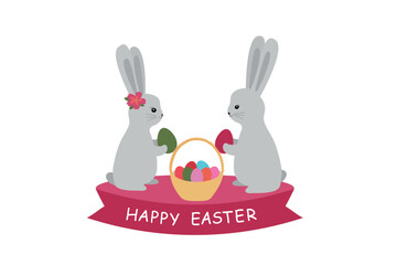 Happy easter card. Illustration with cute bunnies and eggs. Vector illustration isolated on white background.