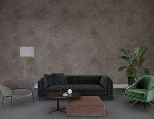 Modern living room with black sofa, green armchair and grey armchair, 3d render