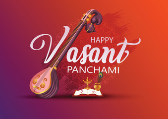 Sarasvati for happy Vasant Panchami Puja of India. poster, banner, flyer vector illustration design